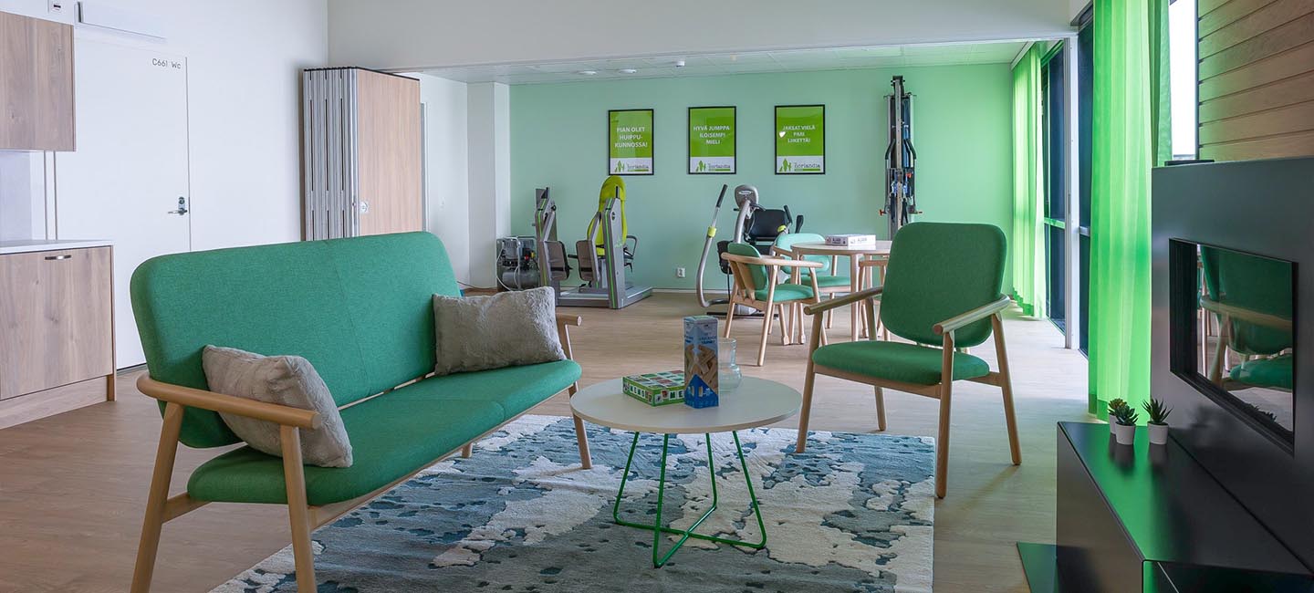 Hoivatilojen vanhusten palveluasumisen kohteen sisätiloja.